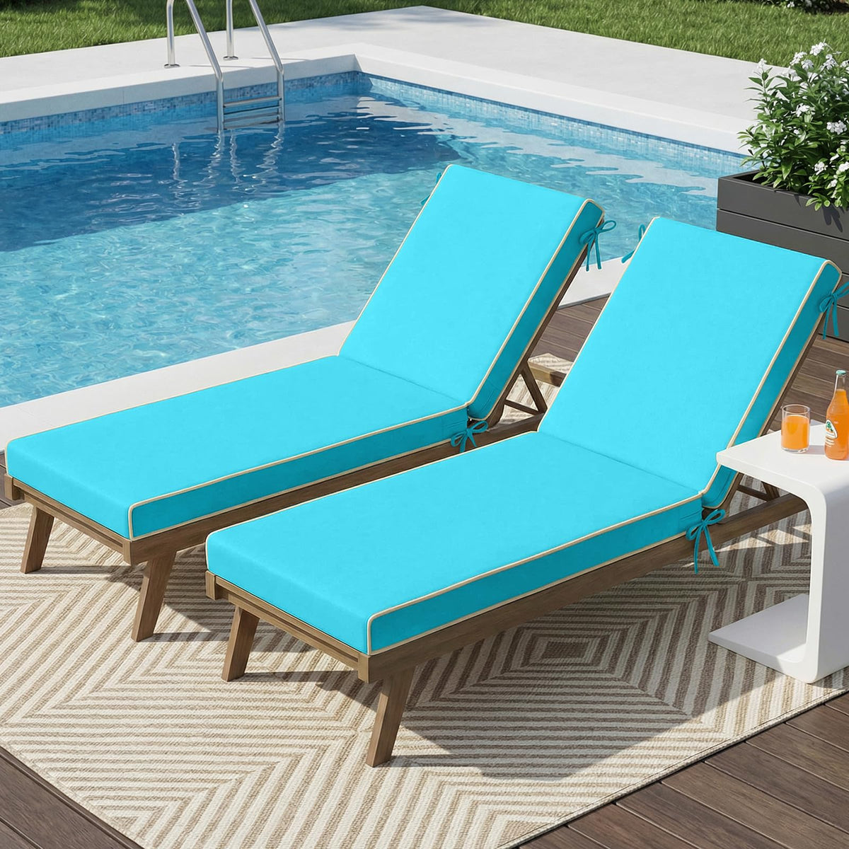 TaiBest teal outdoor chaise cushion on a lounge chair, weather-resistant and comfortable