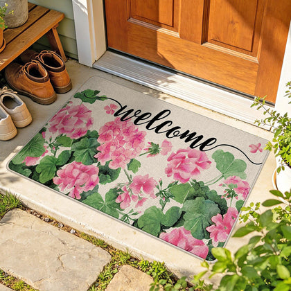 Tailus geranium flower front door mat in pink adds seasonal charm and entryway protection.