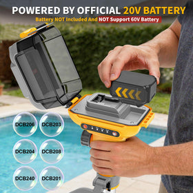TAIRDA stick pump in use with DeWalt 20V battery, showing cordless operation