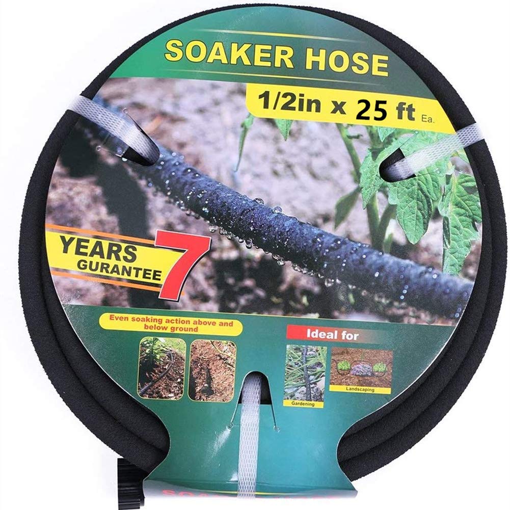 Taisia half-inch soaker hose in a 25ft coil for efficient garden irrigation.