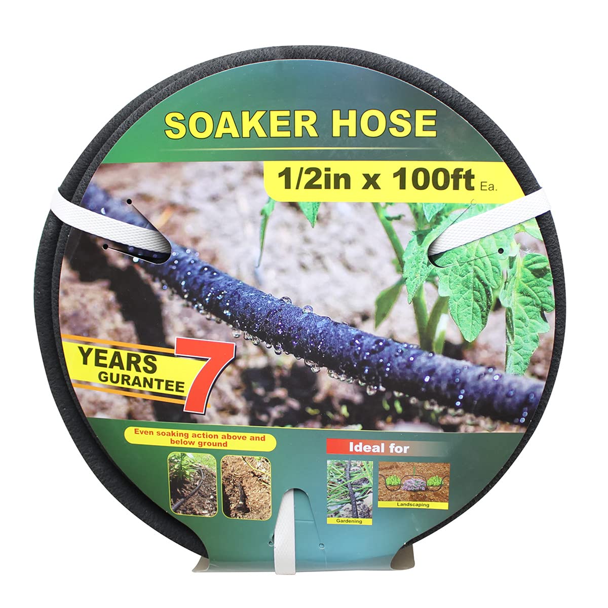 Taisia 1/2-inch soaker hose unrolled in a lush garden for even irrigation.