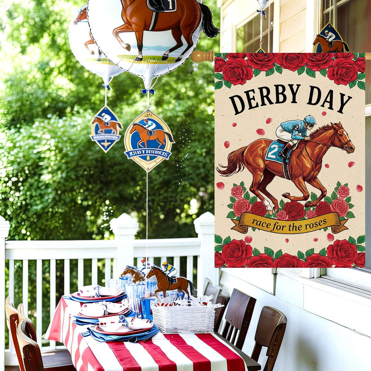 Takealooko Kentucky Derby banner decor adds festive outdoor vibe to parties.