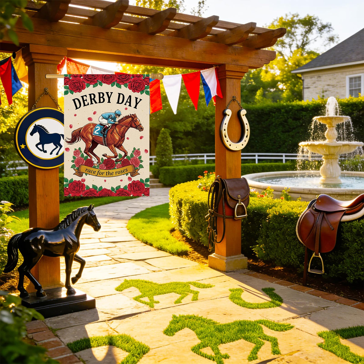 Takealooko Kentucky horse flag uses durable outdoor polyester for long-lasting lawn decor.
