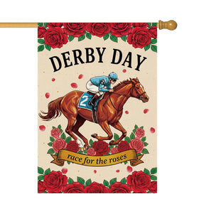 Takealooko Race for the Roses flag double-sided for bright lawn visibility.