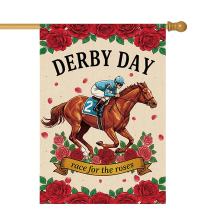 Takealooko Race for the Roses flag double-sided for bright lawn visibility.