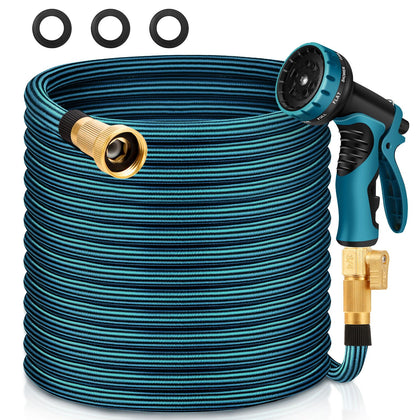 Takuvan garden hose 100ft fully extended showing wide-area watering and coverage