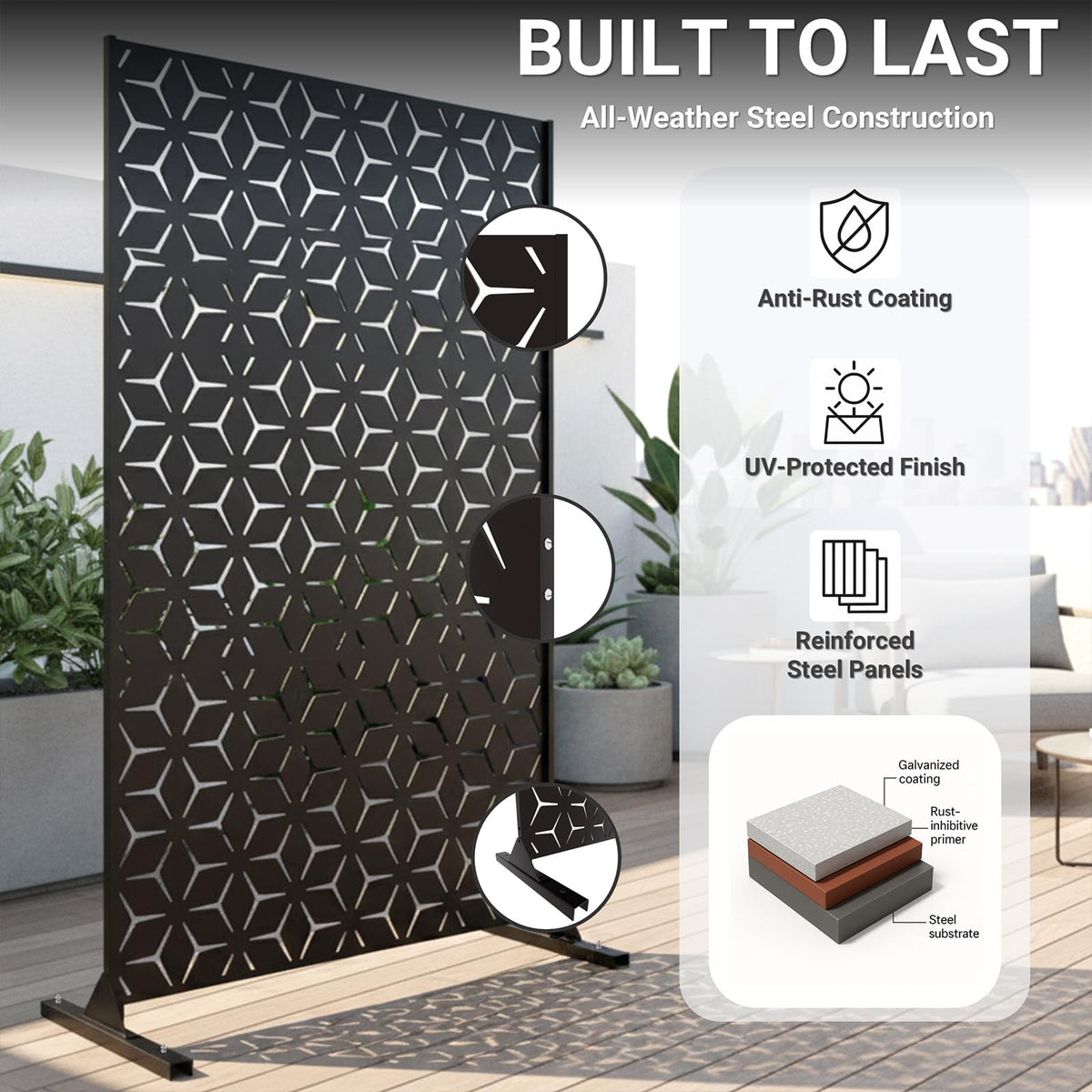 TALLYVER freestanding privacy screen with feet enables easy, tool free patio placement.