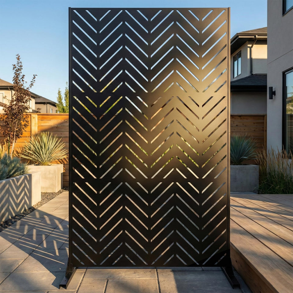 TALLYVER metal privacy screen front view with chevron pattern offering partial shade and privacy