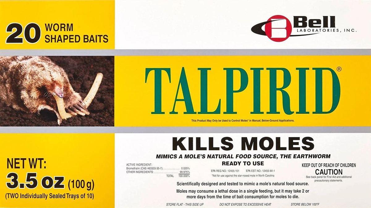 Talpirid mole killer worm bait shown, designed to target moles in lawns efficiently.