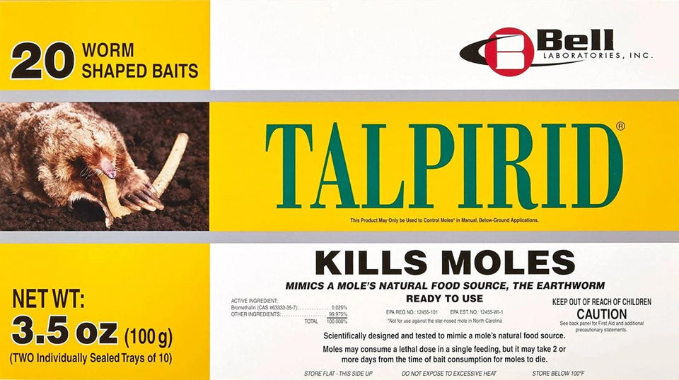 Talpirid mole killer worm bait shown, designed to target moles in lawns efficiently.