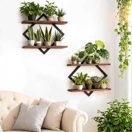 TALVADI floating shelf wall planter displaying compact indoor greenery in a living room