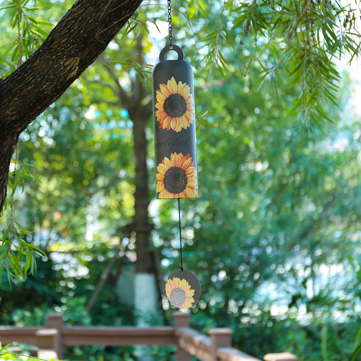 Taman Wind Chime metal sunflower close-up showing durable craftsmanship and clear tones