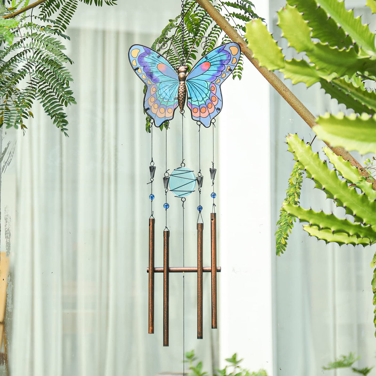 Taman wind chimes 40-inch length highlights colorful wings for striking yard decor