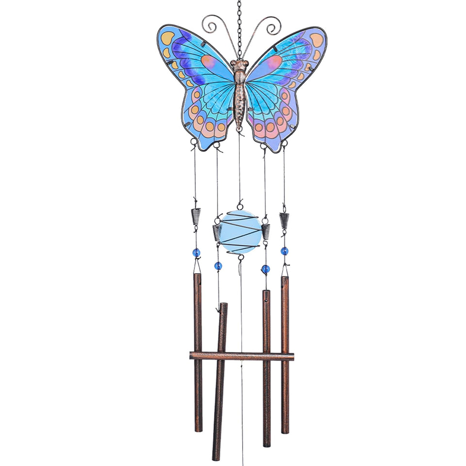 Taman wind chimes butterfly-wings close-up showing frosted and polished glass for decorative garden charm