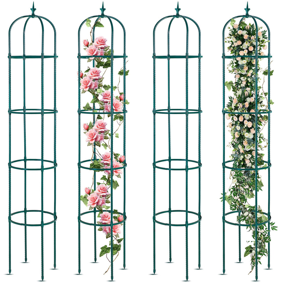 Tandefio 4-pack 6ft garden obelisk trellis in green supports climbing plants.