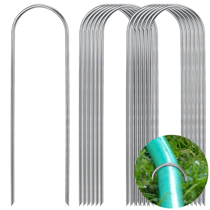 Tandefio 6-inch galvanized stake securing a drip irrigation line in the garden.