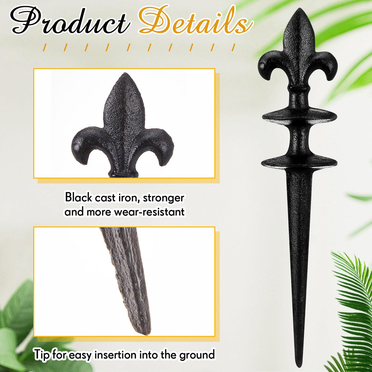Tandefio antique black finish stake guiding water lines near plants.