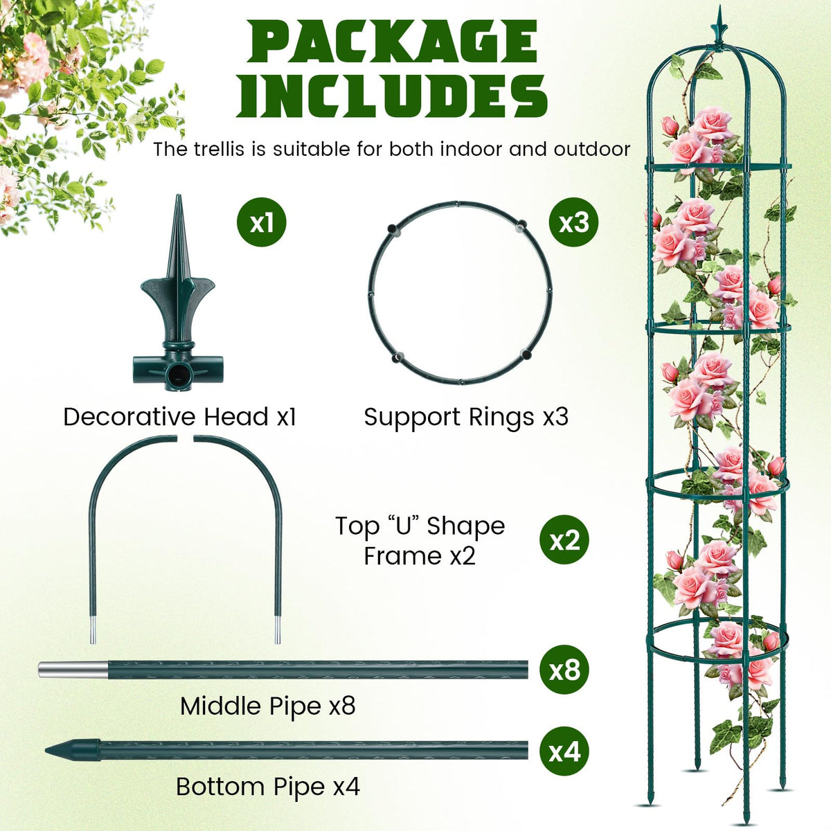 Tandefio green obelisk trellis in a garden blends with plants.