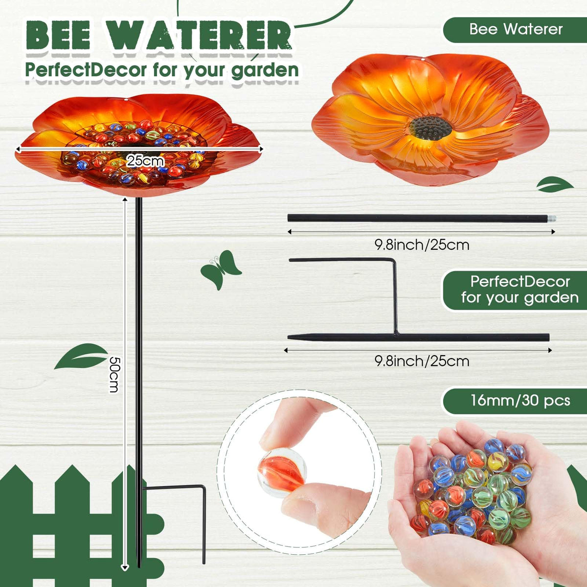 Tandefio Vivid Flower includes 30 glass marbles to cushion resting bees while drinking.