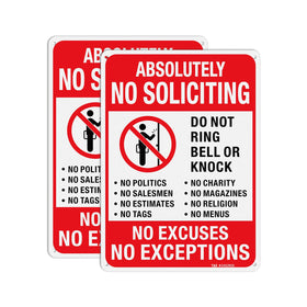 T&R Absolutely No Soliciting sign front view with high-contrast colors for outdoor visibility