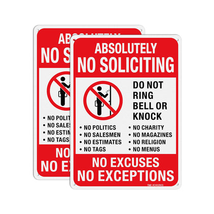T&R Absolutely No Soliciting sign front view with high-contrast colors for outdoor visibility