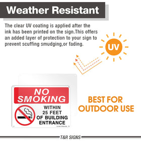 T&R No Smoking 25 Feet sign with pre-drilled holes for easy mounting.