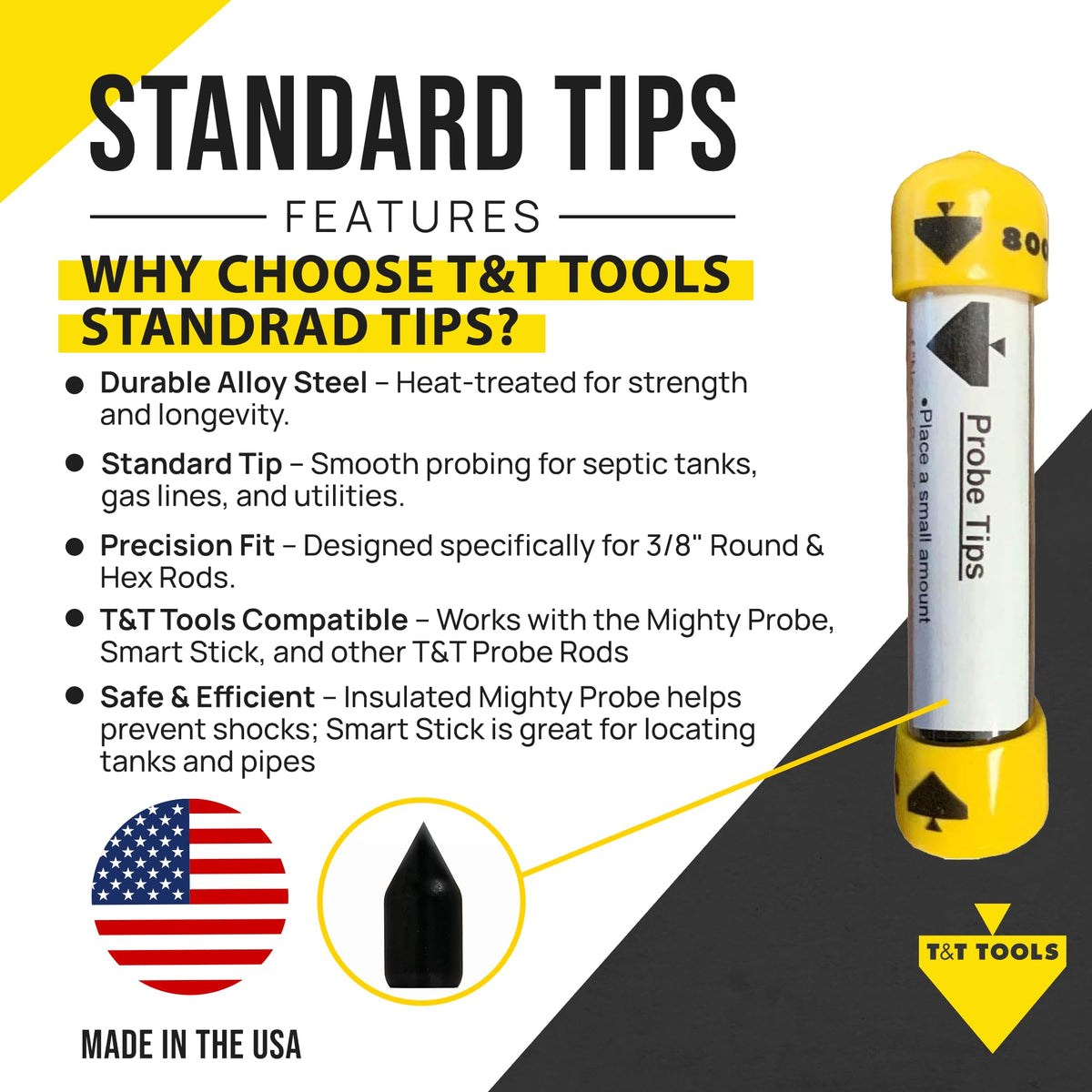 T&T Tools Mighty Probe-compatible tip improves stability for precise underground locating.