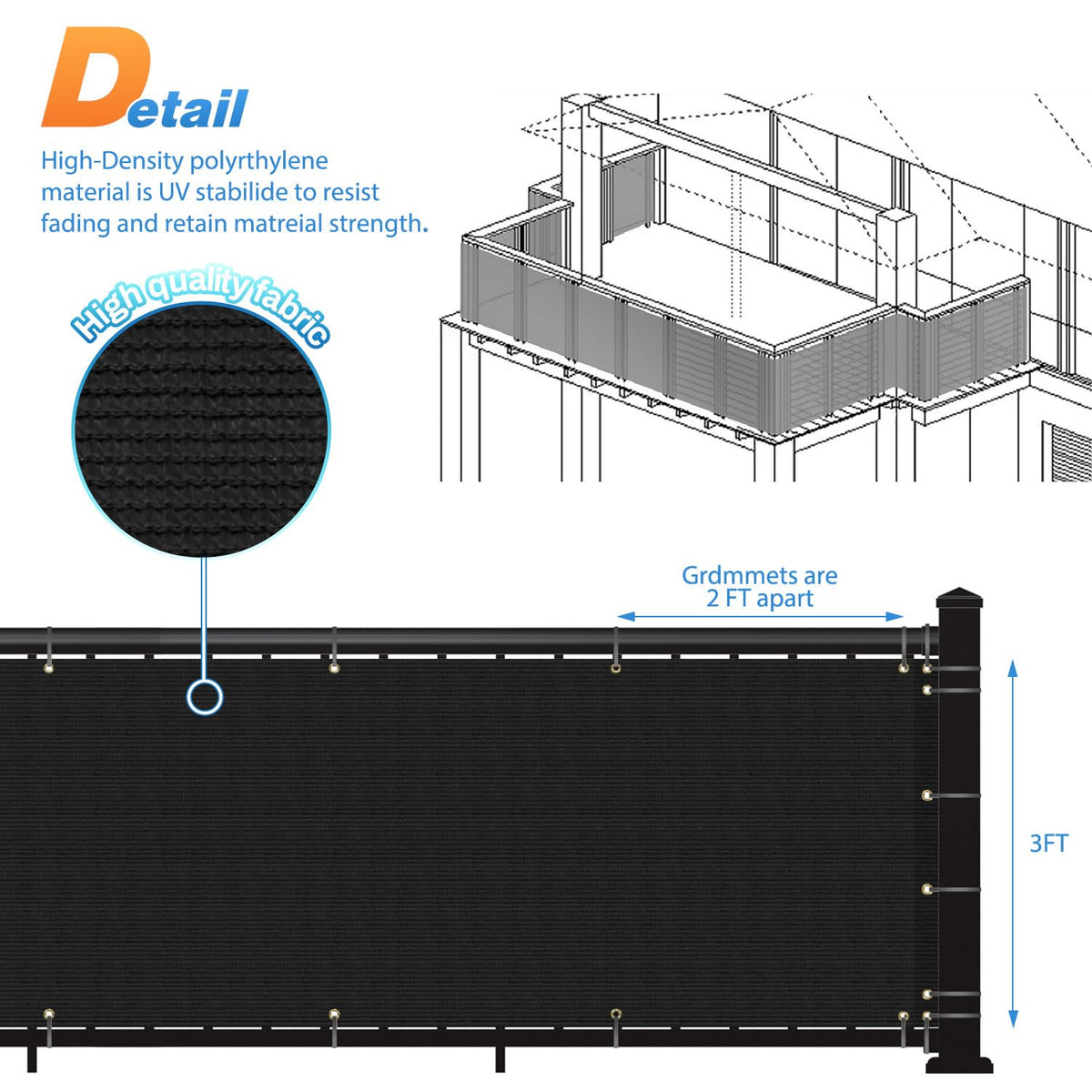 TANG balcony privacy screen with brass grommets for easy attachment.