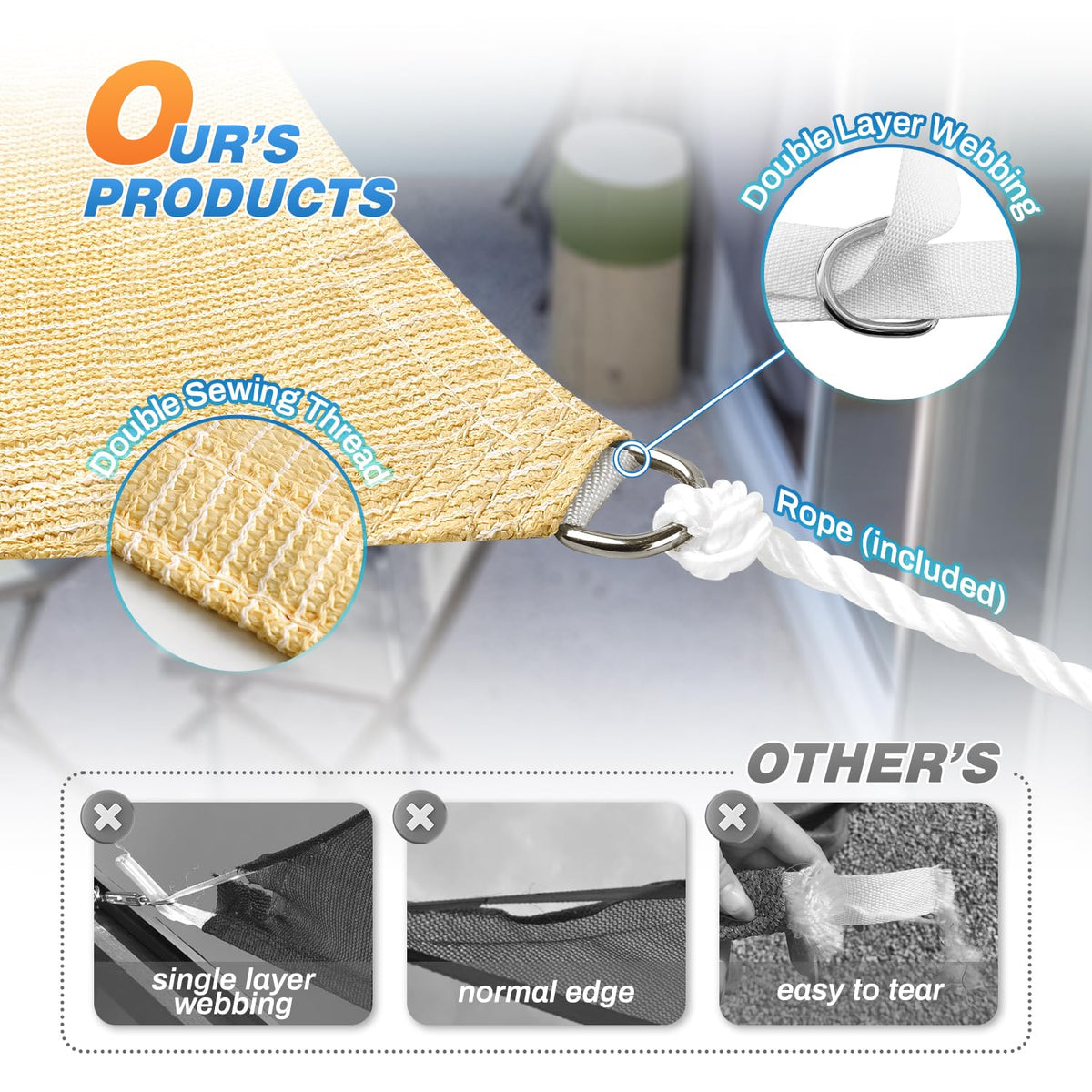 TANG curved-edge shade sail prevents droop for reliable coverage.