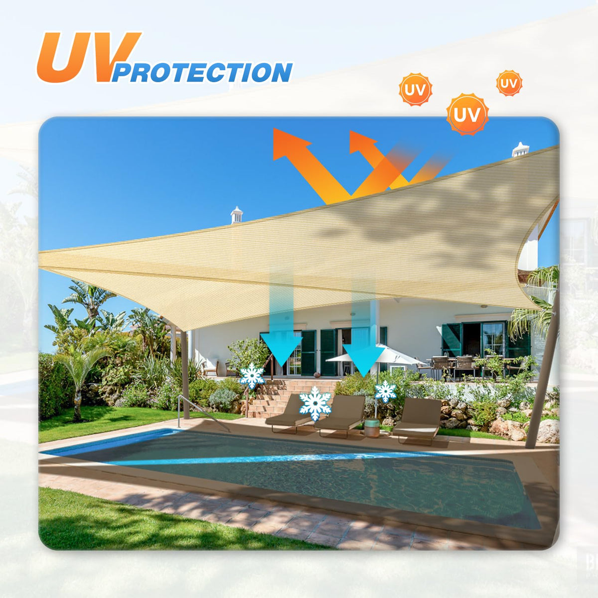 TANG shade sail mounted near a pergola creates comfortable outdoor space.