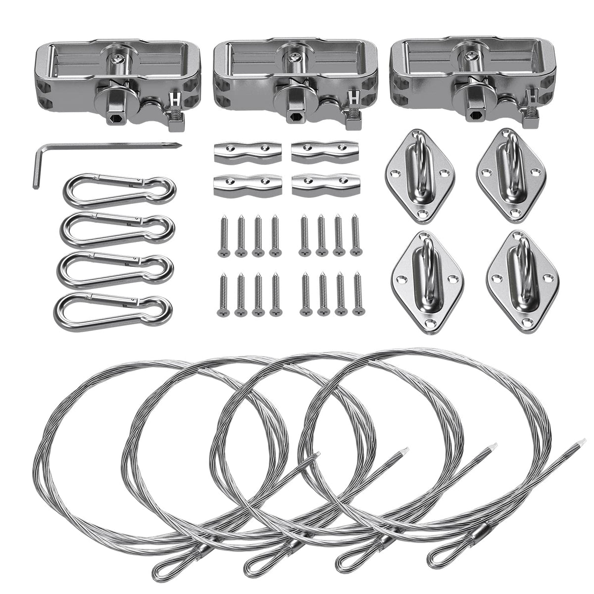 TANG sun shade hardware kit components laid out for quick shade sail installation
