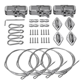 TANG sun shade hardware kit components laid out for quick shade sail installation
