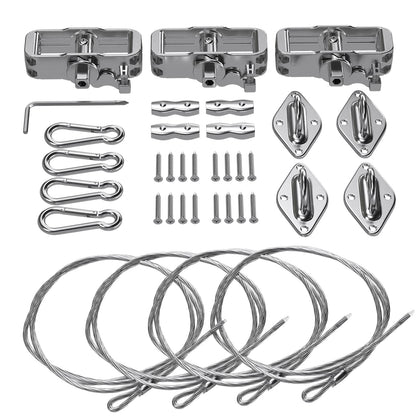 TANG sun shade hardware kit components laid out for quick shade sail installation