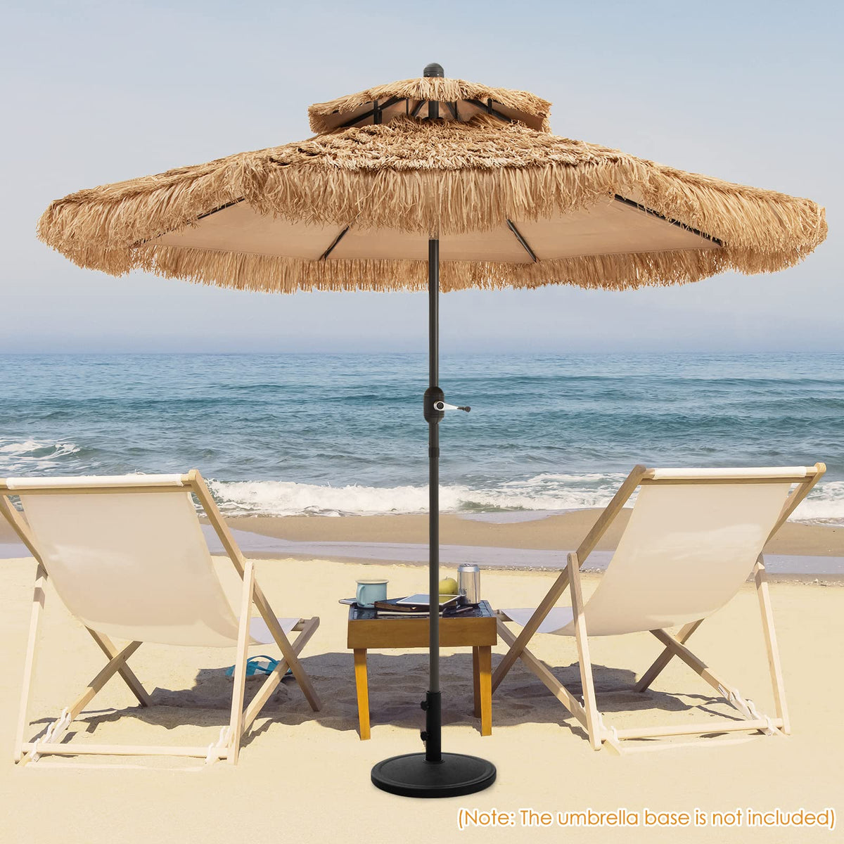 Tangkula two-tier canopy detail showing dual sun protection with textured thatch.