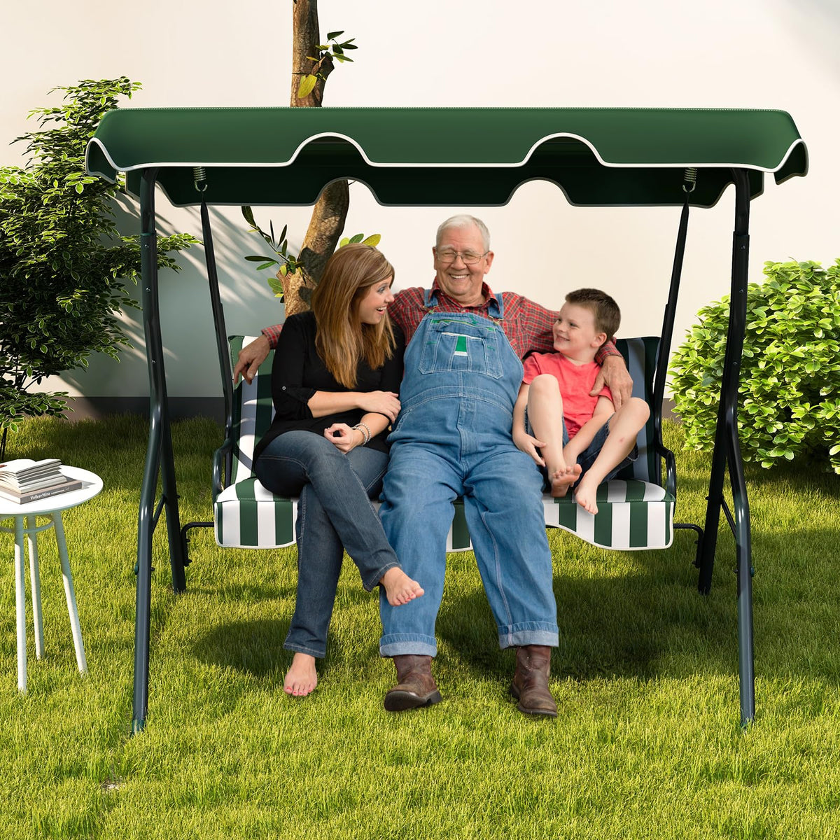Tangkula 3-person porch swing green as an inviting backyard focal point