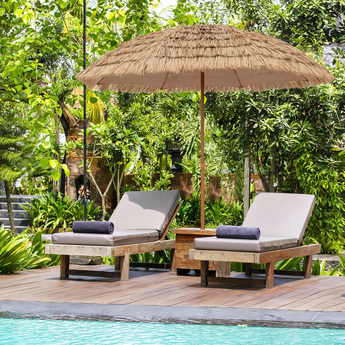 Tangkula 8ft tiki patio umbrella top view provides tropical shade for lounging outdoors.