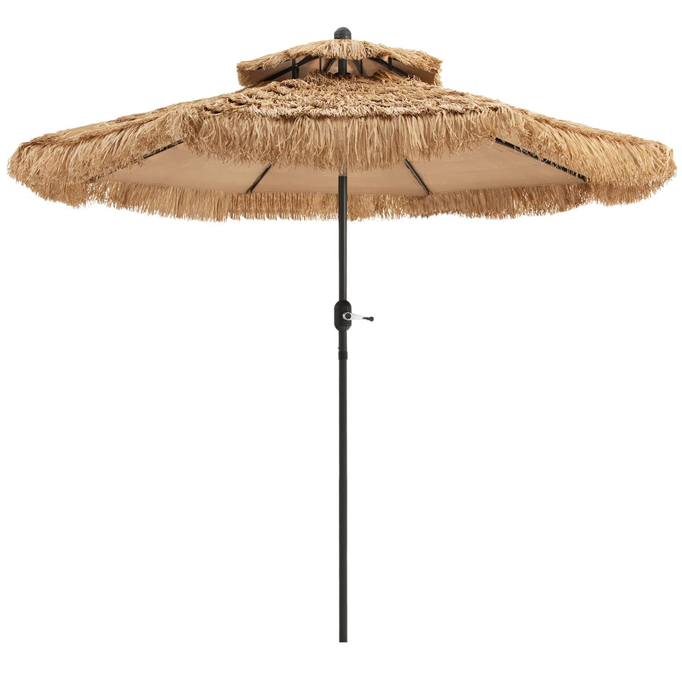 Tangkula 9ft thatched patio umbrella, side view, delivering wide shade for outdoor seating.