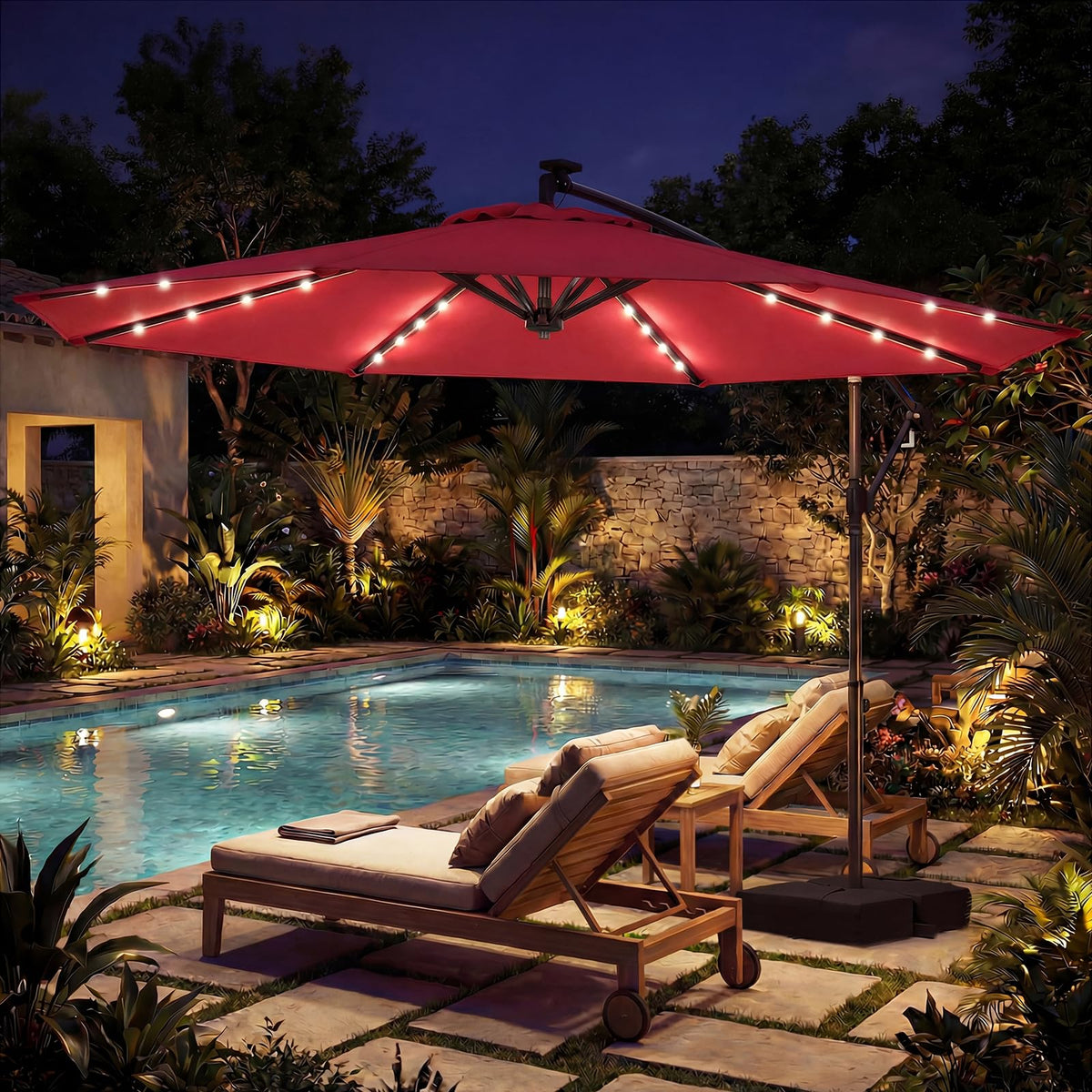 Tangkula offset cantilever umbrella tilt and 360° rotation for adjustable sun coverage.