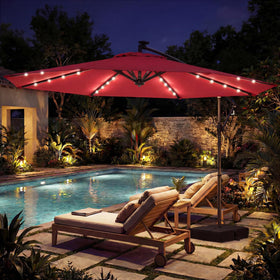 Tangkula offset cantilever umbrella tilt and 360° rotation for adjustable sun coverage.