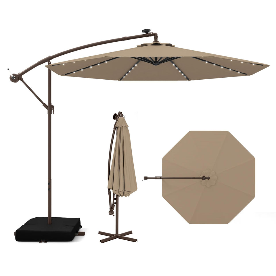 Tangkula offset umbrella with base included provides stable shade for outdoor spaces.