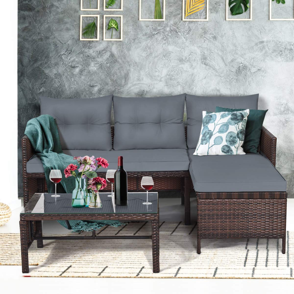 Tangkula patio coffee table glass-top: sturdy surface for drinks and snacks outdoors.