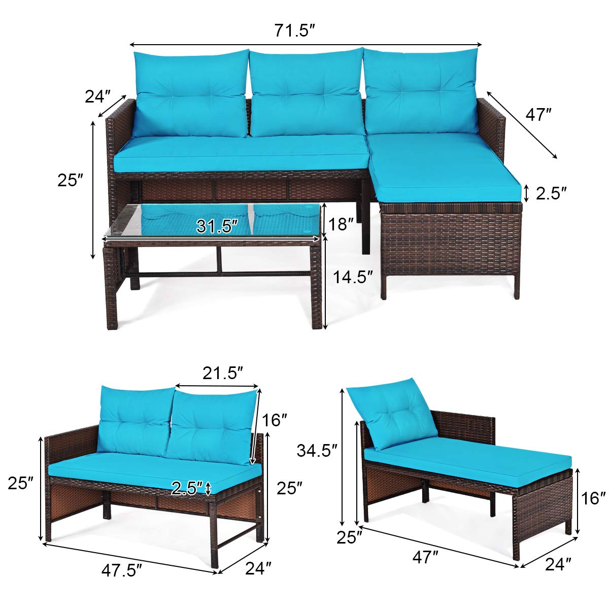 Tangkula patio corner sofa set 3pc cross-bar frame ensures sturdy outdoor support.