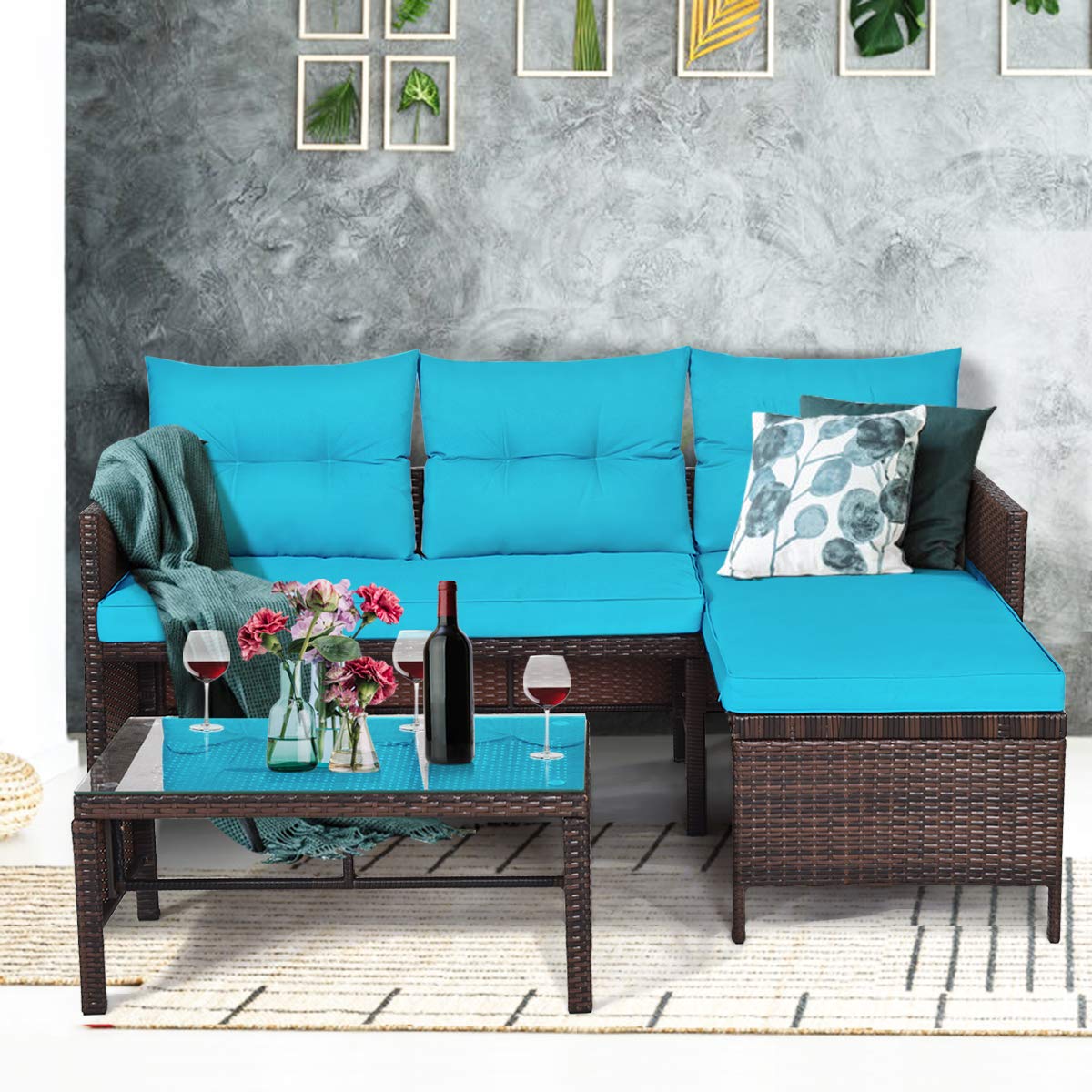 Tangkula patio corner sofa set 3pc tempered glass top highlights centerpiece and outdoor use.