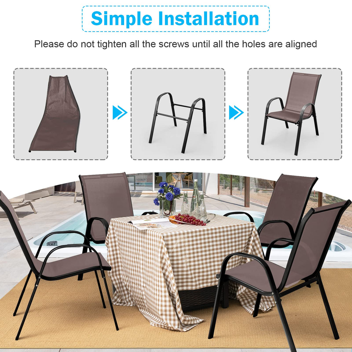 Tangkula high-back chair offers ergonomic support for extended outdoor meals.