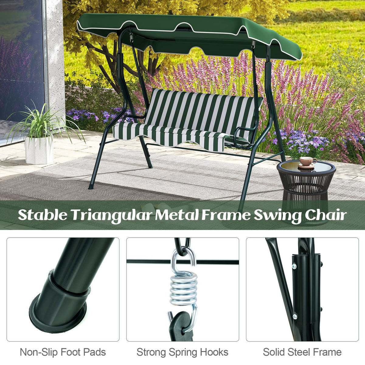 Tangkula porch swing waterproof fabric resists rain and sun
