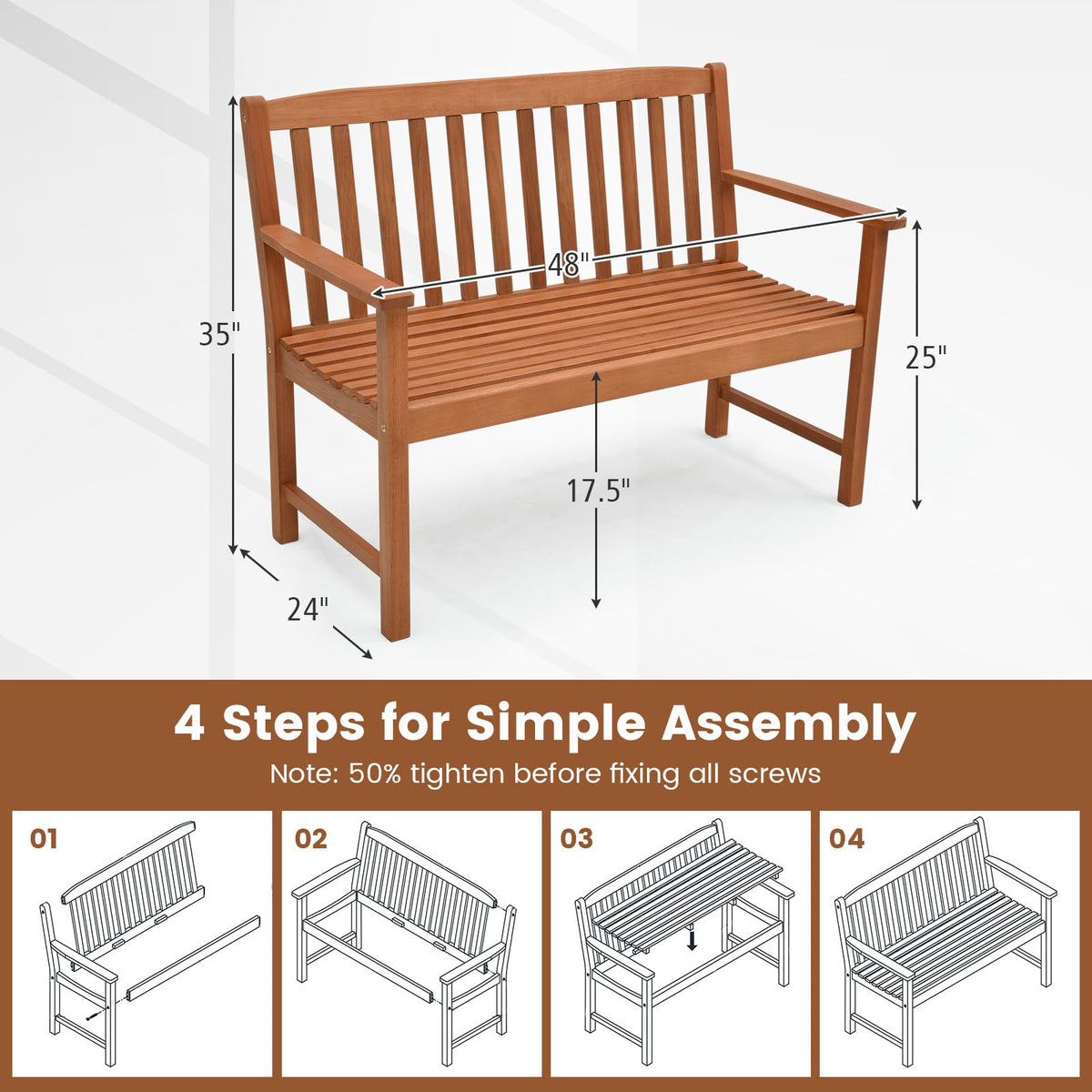 Curved slatted seat promotes airflow on the Tangkula bench