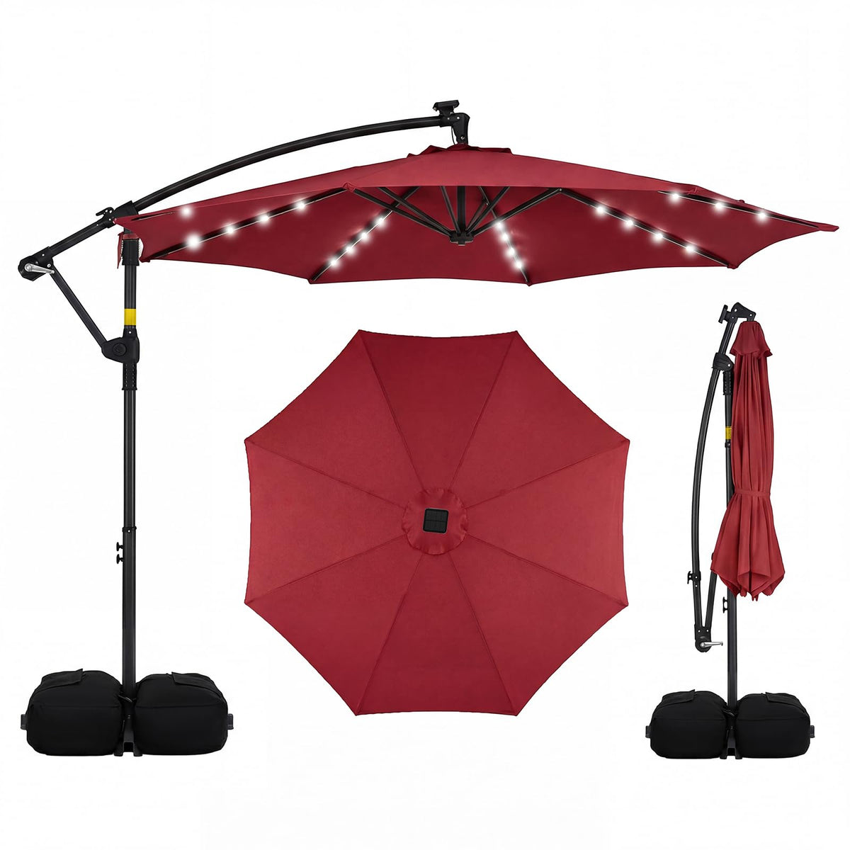 Tangkula solar patio umbrella base with sandbags provides stable shade for patios and pools.