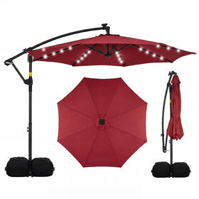 Tangkula solar patio umbrella base with sandbags provides stable shade for patios and pools.
