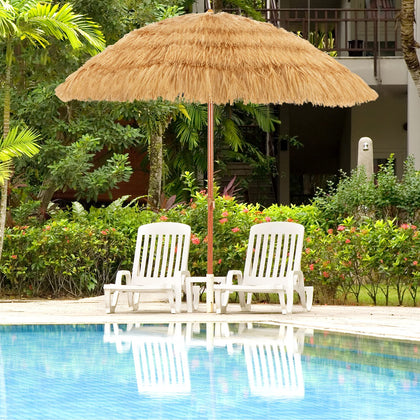 Tangkula tiki patio umbrella 6.5ft provides shade in sunny outdoor space.