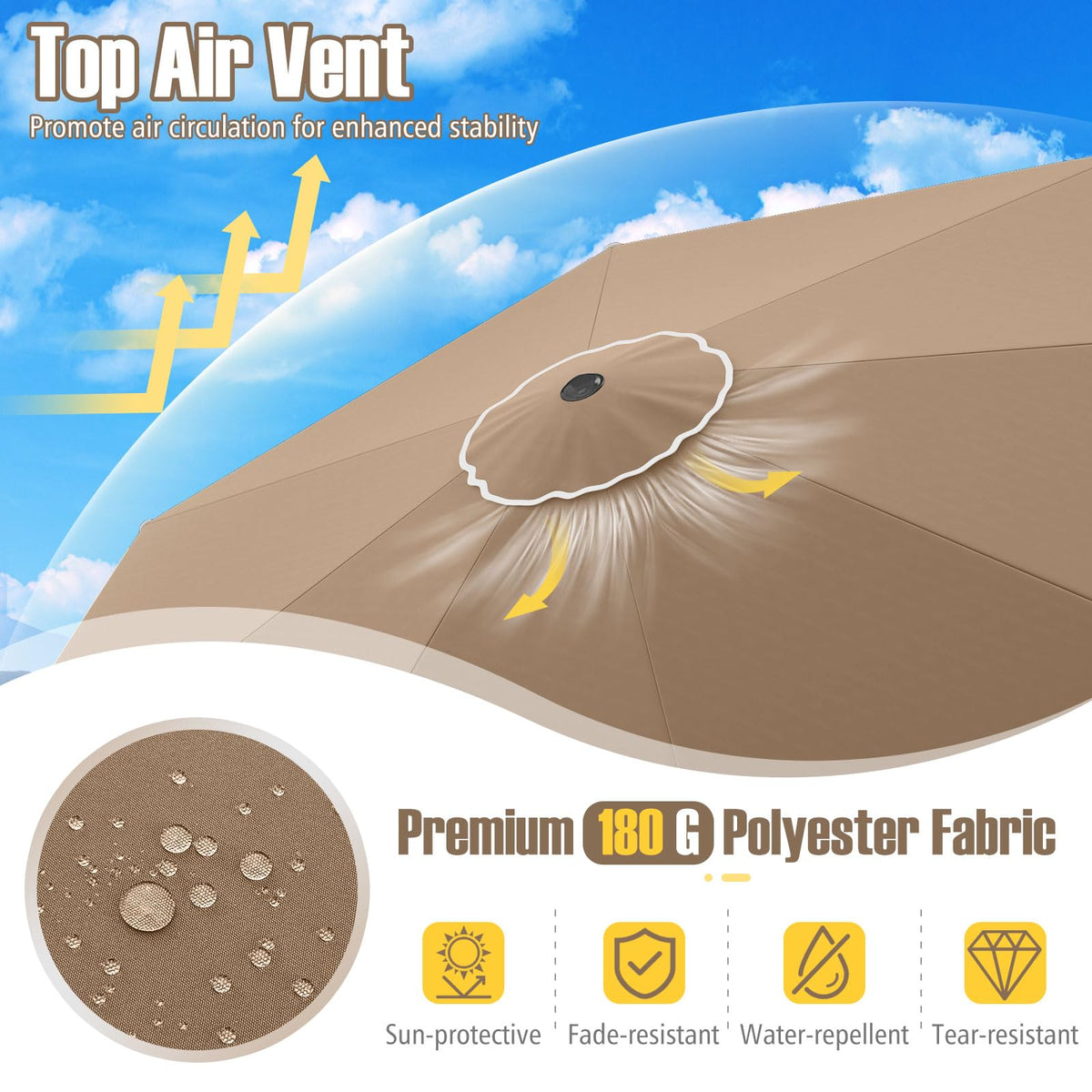 Tangkula top air vent improves airflow and reduces wind pressure.